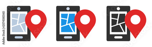 Location icon. GPS icon. Smartphone, city map, and map pin. Set of vector icons.