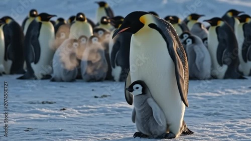 Emperor penguin protecting its chick in a snowy colony