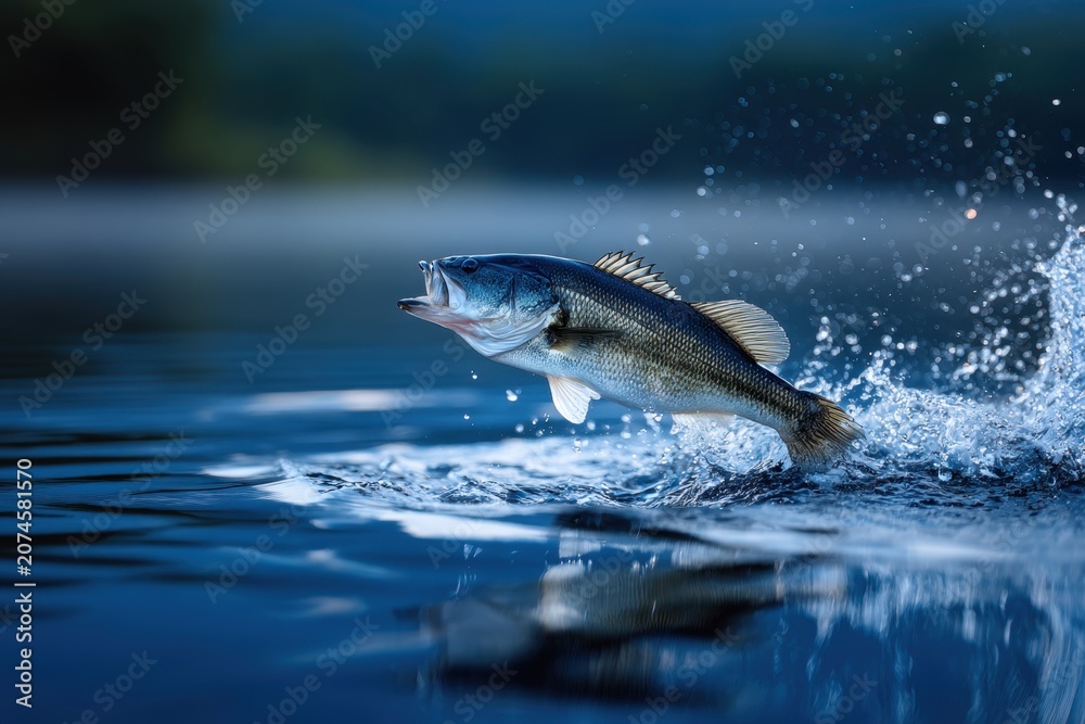 Obraz premium Bass fish leaping out of calm lake water during early morning with splashes and reflection under soft natural light in a peaceful outdoor environment