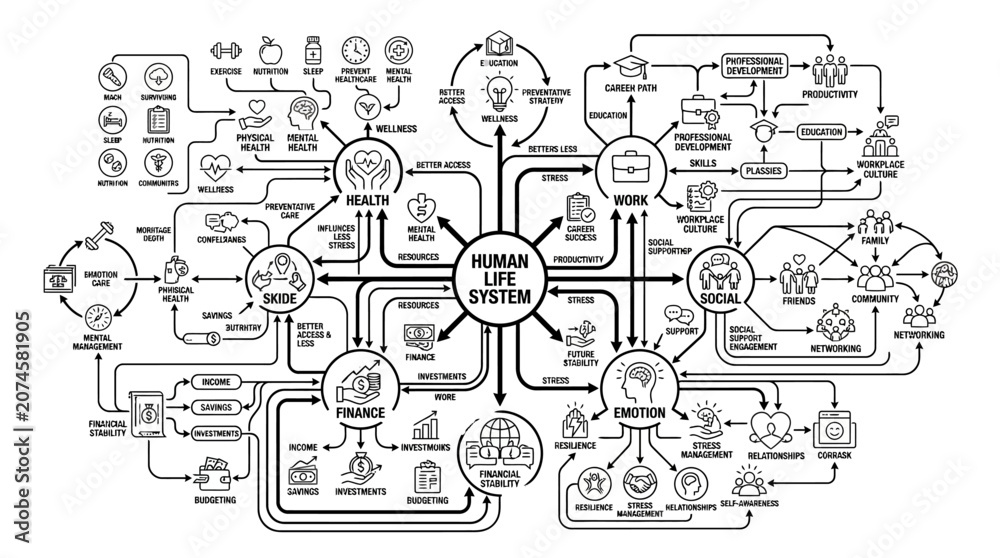 Obraz premium Human life system mind map connecting multiple life domains.