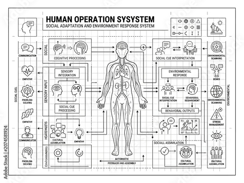 Human operation system social adaptation technical blueprint diagram.