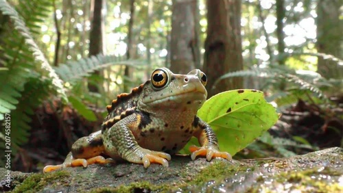 Spiky frog sitting on a mossy rock in the forest