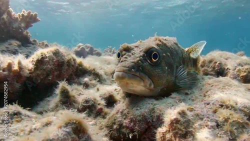Camouflaged fish resting on a mossy seabed underwater