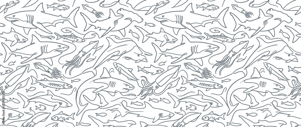 Fototapeta premium Black line art shark and squid nautical pattern