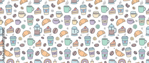 Colorful cafe and coffee seamless doodle pattern.