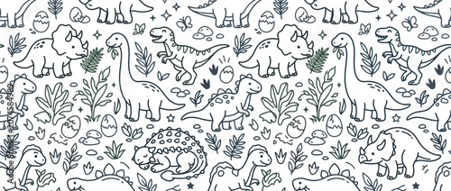 Hand drawn dinosaur and prehistoric foliage seamless pattern.