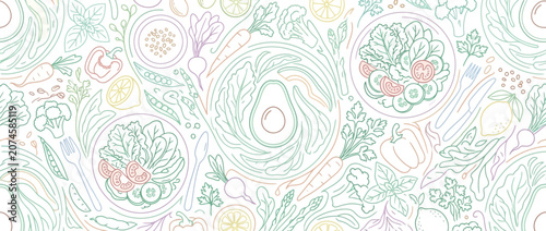 Healthy vegetable and salad colorful line art.