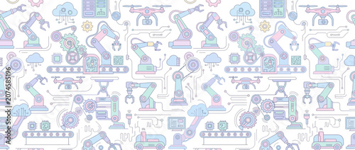 Industrial robotic arm and automation technology colorful pattern.