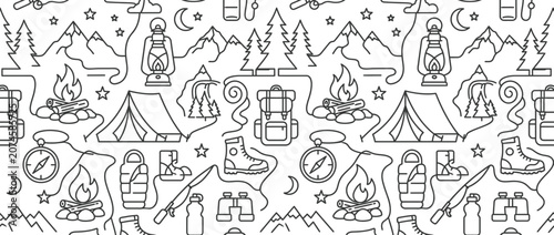 Monochrome mountain camping and hiking gear line pattern