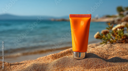 Orange sunscreen bottle sitting on sandy beach at ocean shore with sunscreen