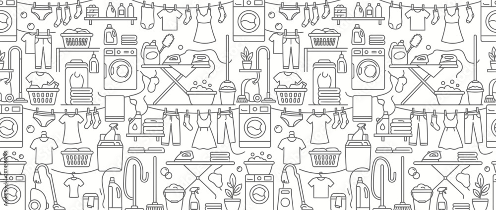Obraz premium Seamless laundry and household chore monochrome line art pattern.