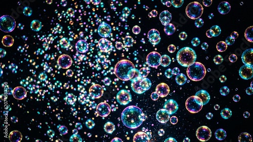 Iridescent Soap Bubbles Floating on Black Background