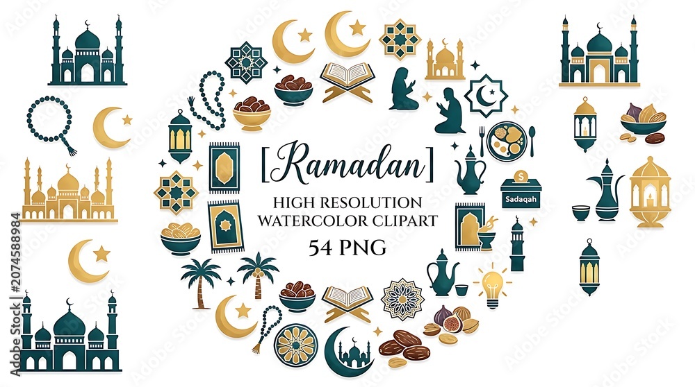 Fototapeta premium Ramadan high resolution watercolor clipart set with 54 png images