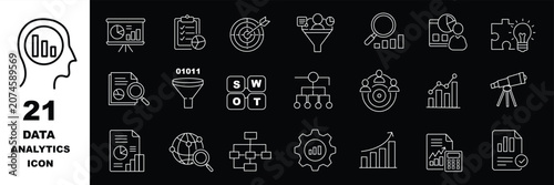 AI Analytics, Data Processing thin line icon set. Analysis, Digital technology, Artificial Intelligence concept. Black outline vector icons collection.