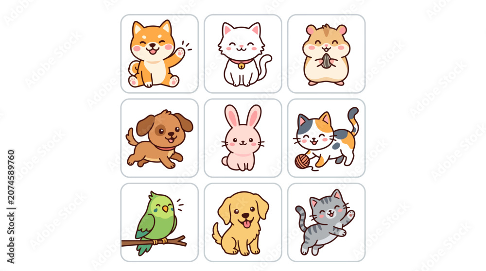 Obraz premium Set of cute cartoon animal stickers including dogs cats and other pets.