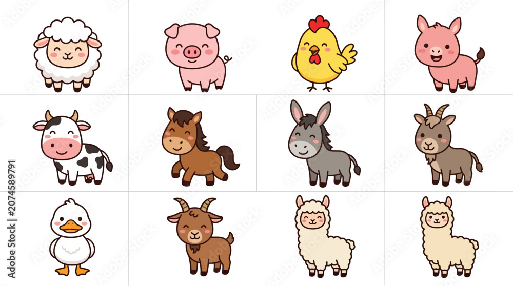 Fototapeta premium Set of cute cartoon farm animal characters illustration.