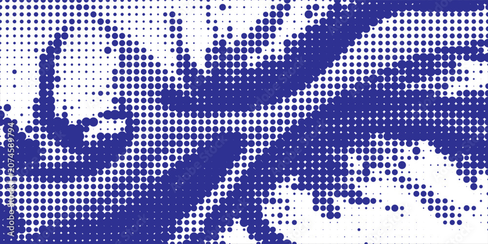 Fototapeta premium Abstract dark blue and white halftone dots pattern background with dynamic swirling and fluid wavy structures.
