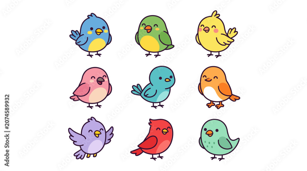 Naklejka premium Set of cute colorful cartoon birds collection for children illustration.