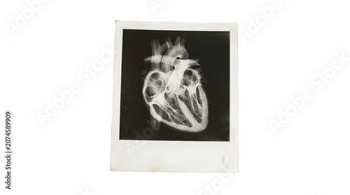 Anatomical xray image of a human heart showing internal chambers and major blood vessels isolated on transparent background