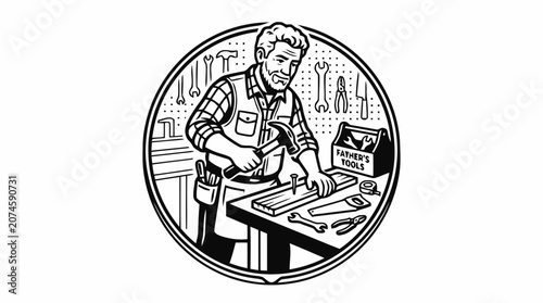 A craftsman wearing an apron and plaid shirt is working on a wooden plank, holding a hammer and nails, with tools on the table and wall