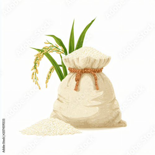 White rice sack with rice plant and grains illustration for food packaging design