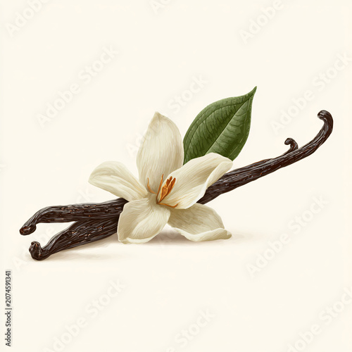 Vanilla bean pods with white orchid flower and green leaves on white background