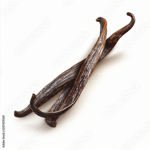 Whole natural vanilla beans with rich brown pods and curled ends on white background