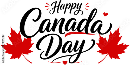 Foto Happy canada day text with red maple leaves isolated on white background