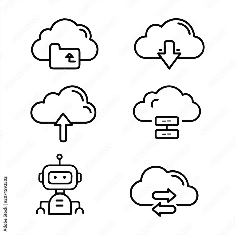 Fototapeta premium Set of cloud computing and AI robotic automation line icons with computing