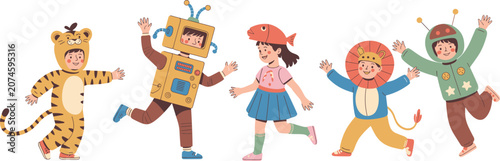 Photos Group of happy children wearing tiger, robot, fish, lion, and alien costumes for
