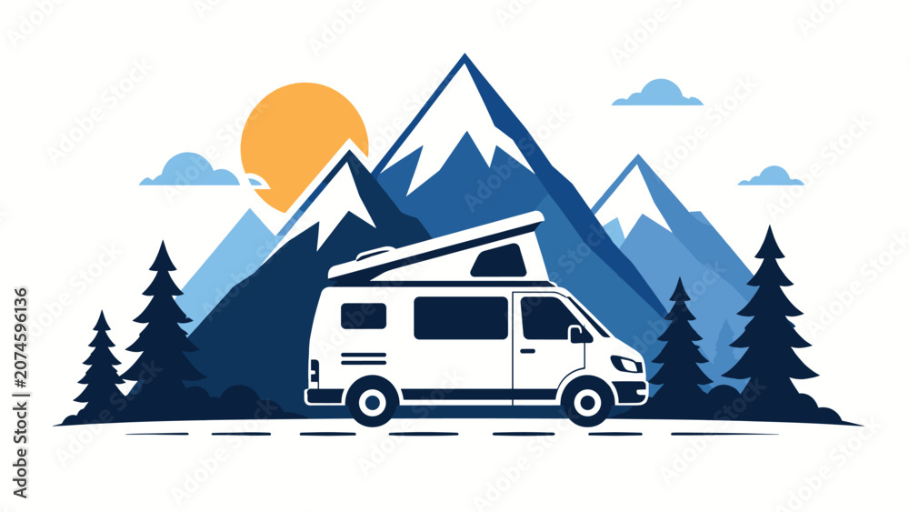 Obraz premium Modern Camper Van Travel Illustration Featuring Scenic Mountain Peaks and Pine Forest Landscape for Adventure Road Trip Concepts
