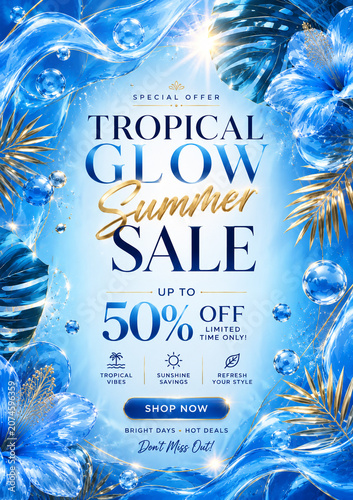 Luxury Tropical Summer Sale Flyer Blue Floral Retail Promotion Banner Template