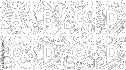 Seamless pattern with letters a, b, c, d and school supplies