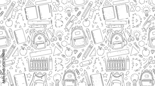 Seamless pattern of school supplies, handdrawn doodles