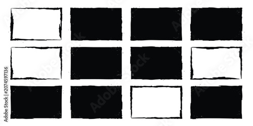 Schilderij op canvas Set of twelve black and white rectangle frames with rough hand drawn brush strok