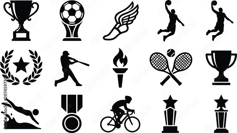 Naklejka premium Sports and competition achievement icons in solid black silhouette design style