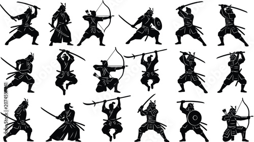 Canvastavla Traditional samurai warriors in action poses icons in solid black silhouette
