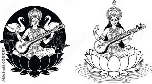 Fotografie Hand drawn black and white line art of Hindu Goddess Saraswati sitting on lotus