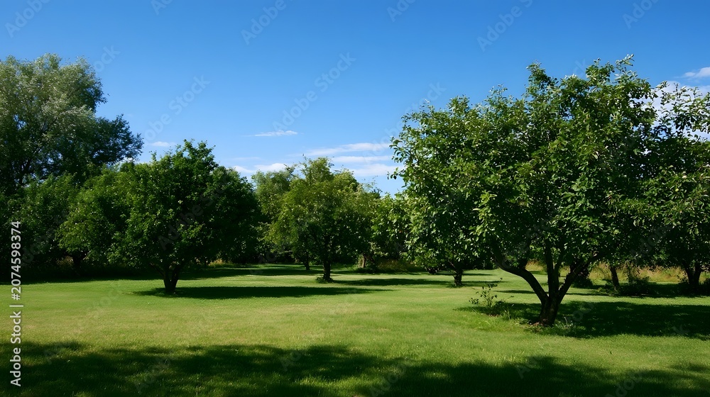 Obraz premium A peaceful rear view of a lush green orchard set against a vast clear blue sky