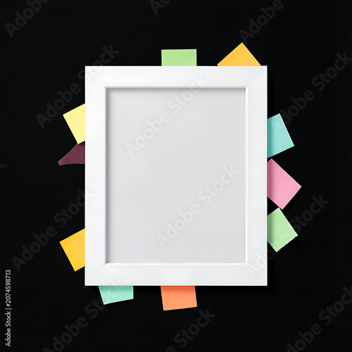 Empty white picture frame mockup decorated with colorful adhesive notes on black background