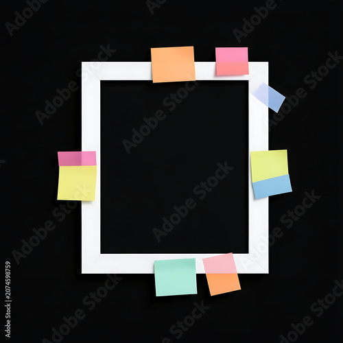 Empty white picture frame with colorful adhesive sticky notes on a dark black background