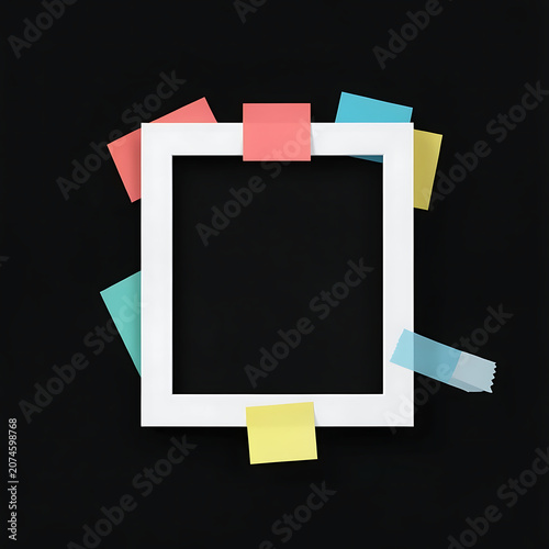 Empty Square White Frame Mockup Decorated with Colorful Paper Sticky Notes on Black Background for Creative Projects