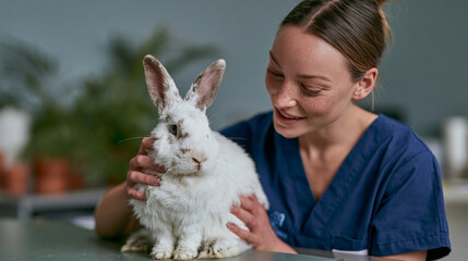 A young woman wearing blue scrubs, sitting at a table and petting a white rabbit. the woman is smiling and looking down at the rabbit with a gentle expression on her face.
