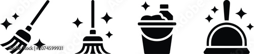 Photos Floor mop cleaning icons illustration set, generic mop bucket janitorial and housekeeping symbols in simple style