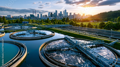 Modern wastewater treatment plant with circular clarifiers and aeration tanks, blue water, green landscape, and city skyline in the background, clean environmental mood