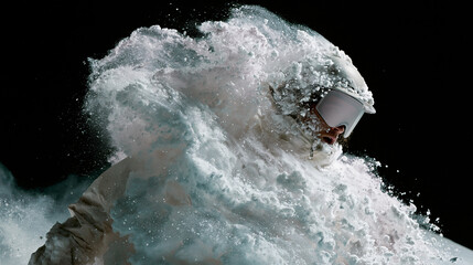Person wearing a white helmet and goggles, riding a snowboard. the person is in the middle of a wave, with their body partially submerged in the water.