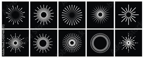 White Sunburst and Starburst Vector Icon Set on Black Background. Vintage Full Circle Radial Ray Shapes in Individual Square Panels. Minimal Outline Emblems for Logo, Badge and Retro Design.
