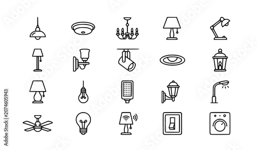 Photos Light fixture linear icon set with lamps and lighting devices vector
