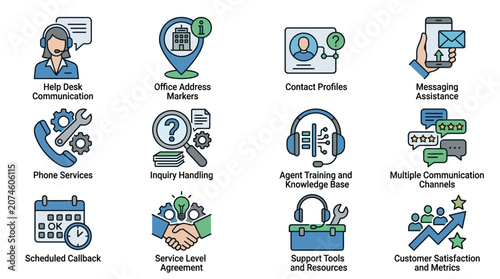 Professional Customer Support Set with Help Desk Communication Office Address Markers Contact Profiles Messaging and Phone Services