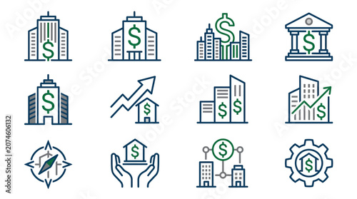 Corporate finance logo design with dollar symbol and modern building silhouette professional banking identity flat style clean composition